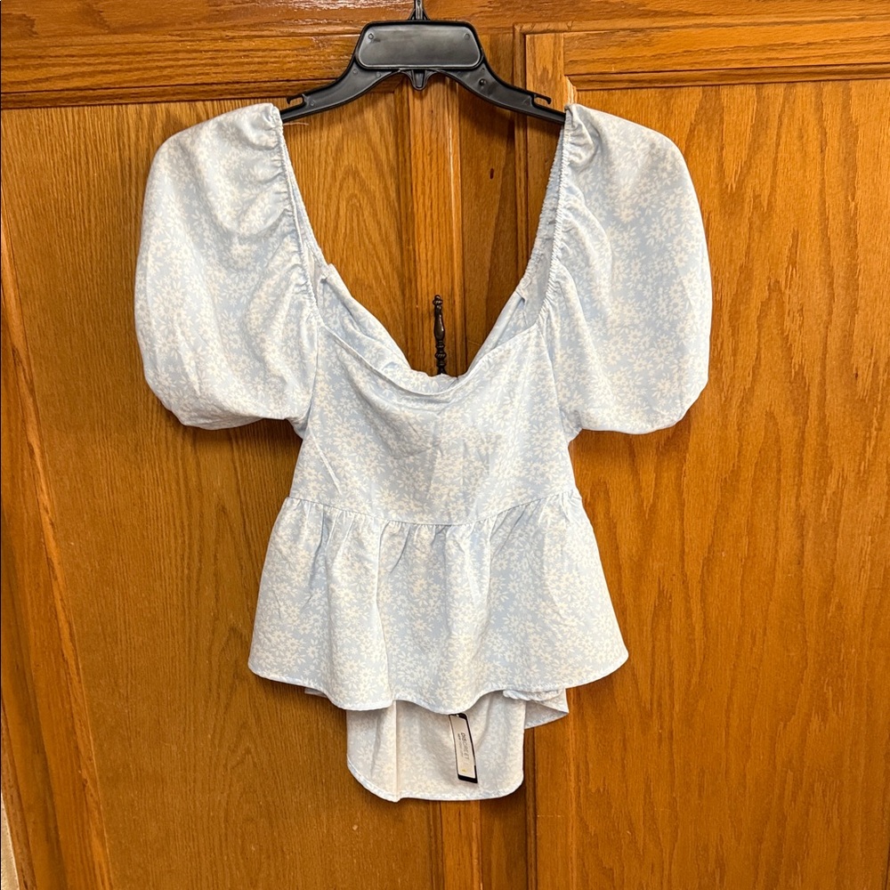 Light Blue Floral Puff Sleeve Peplum Top